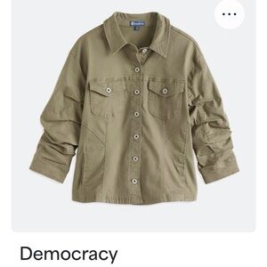 Democracy Khaki Ruched Sleeve Button-Up Top